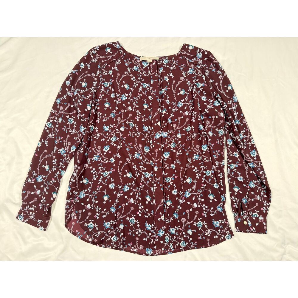 LOFT Floral Blouse Size M Burgundy Maroon Long Sleeve Hidden Button Workwear Top
